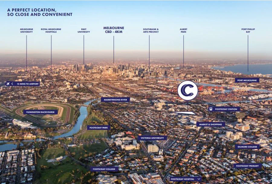 Aerial map showing Cowper Residences and the CBD