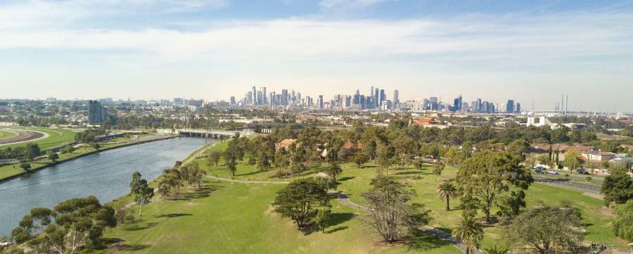 Footscray Park and the river with the CBD skyline beyond