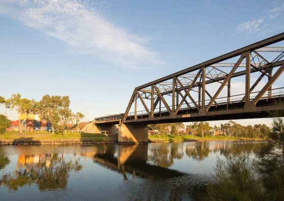Maribyrnong River rail bridge at golden hour
