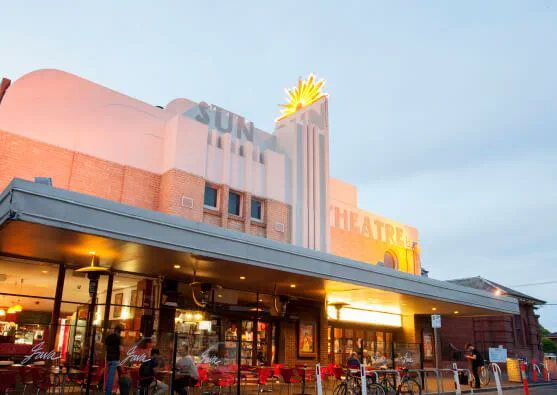 The heritage Sun Theatre in Yarraville at dusk